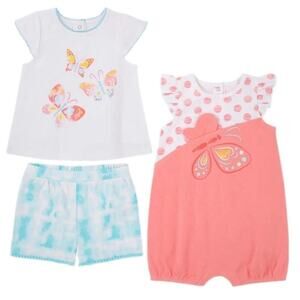 Baby Kids Headquarters Girl's Butterfly 3 Piece Romper Short Set 6 Month NWT